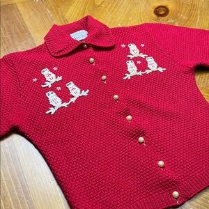1950s Red Button Up Sweater 2T 3T Owl Applique Collared Short Sleeve Jane Irwell
